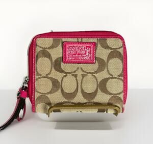 Coach Poppy Signature Medium Full Zip Wallet, Tan/Pink, Canvas/Leather